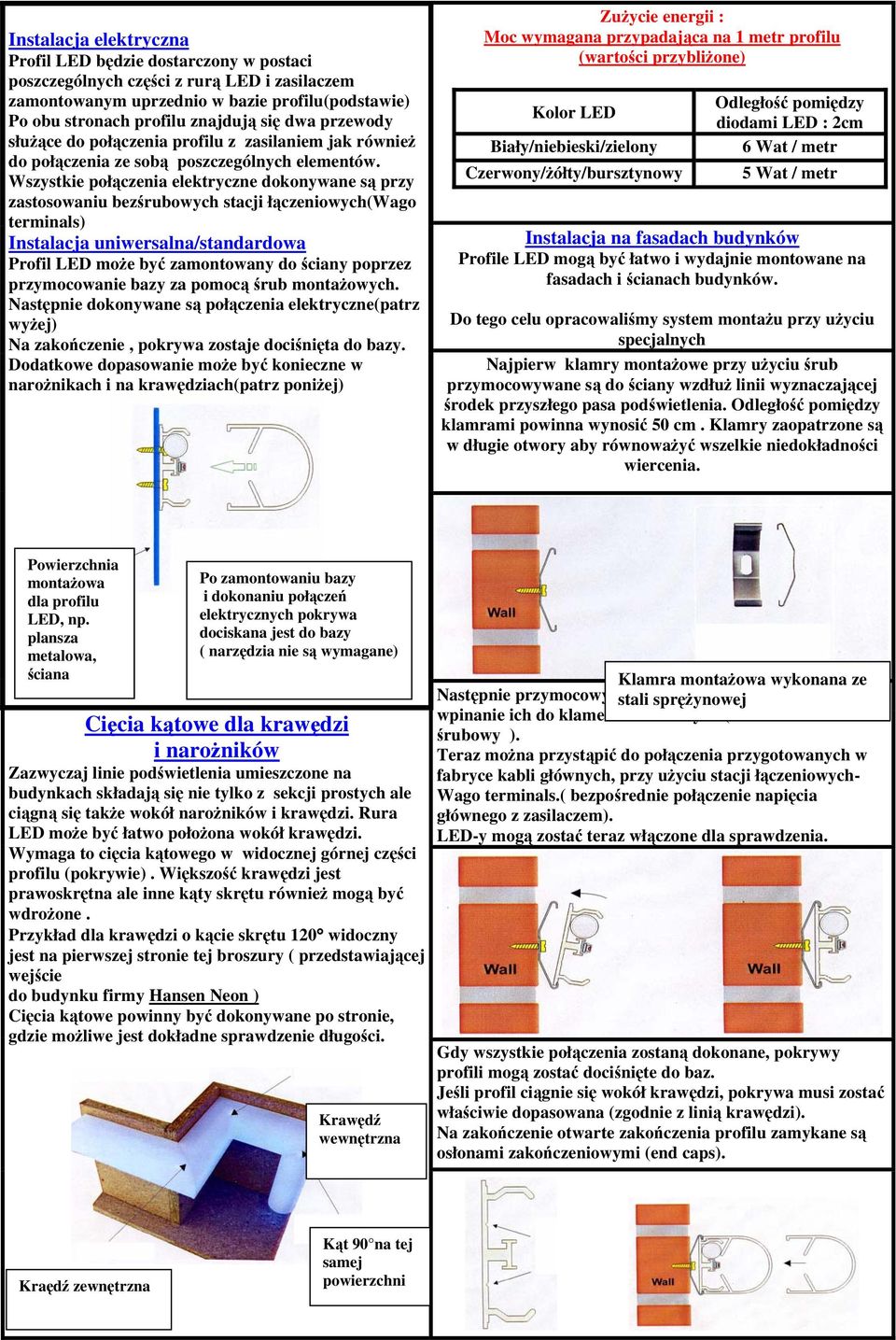 Wszystkie połączenia elektryczne dokonywane są przy zastosowaniu bezśrubowych stacji łączeniowych(wago terminals) Instalacja uniwersalna/standardowa Profil LED może być zamontowany do ściany poprzez