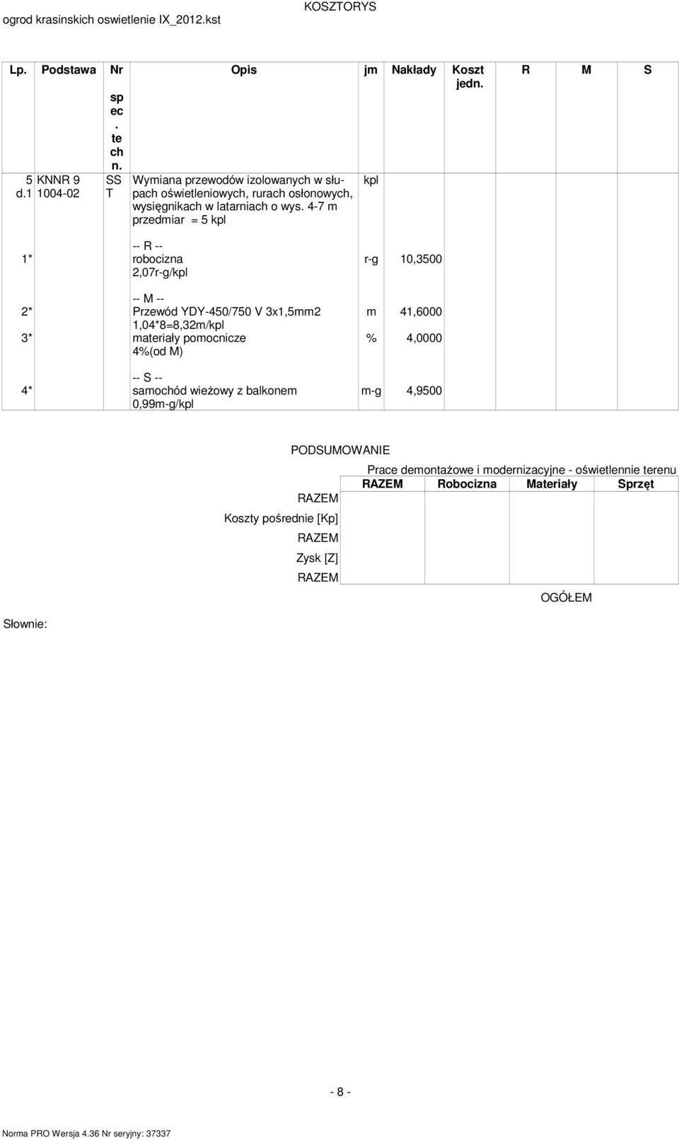 ariały poocnicze 4%(od M) 4* saoód wieżowy z balkone 0,99-g/kpl r-g 10,3500 41,6000 % 4,0000 -g 4,9500 PODSUMOWANIE RAZEM Koszty