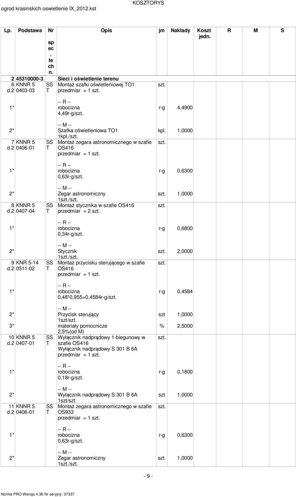 szafie OS416 przediar = 2 Montaż przycisku srującego w szafie OS416 przediar = 1 0,48*0,955=0,4584r-g/ 2* Przycisk srujący 1szt/ 3* ariały poocnicze 10 KNNR 5 d2 0407-01 0,18r-g/ Wyłącznik nadprądowy