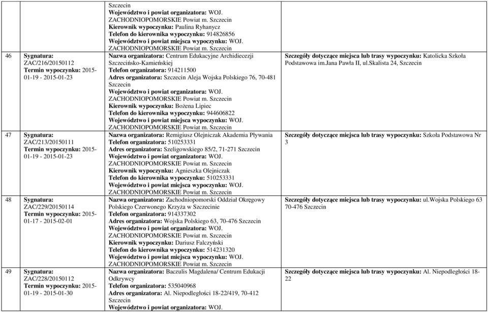 76, 70-481 Szczecin Kierownik wypoczynku: Bożena Lipiec Telefon do kierownika wypoczynku: 944606822 Nazwa organizatora: Remigiusz Olejniczak Akademia Pływania Telefon organizatora: 510253331 Adres