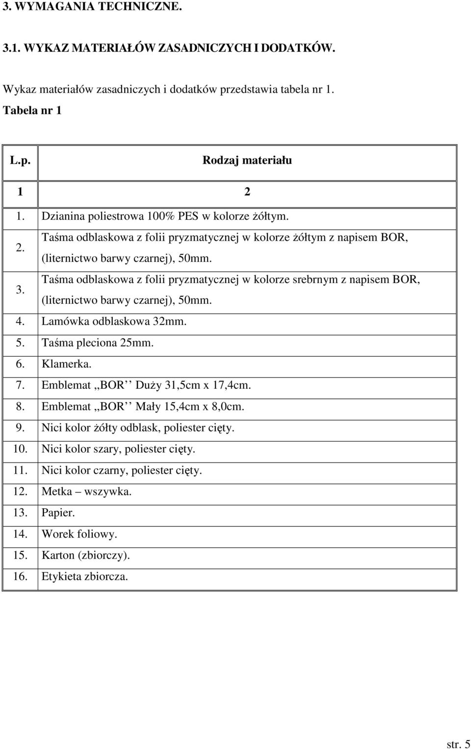 Taśma odblaskowa z folii pryzmatycznej w kolorze srebrnym z napisem BOR, (liternictwo barwy czarnej), 50mm. 4. Lamówka odblaskowa 32mm. 5. Taśma pleciona 25mm. 6. Klamerka. 7.