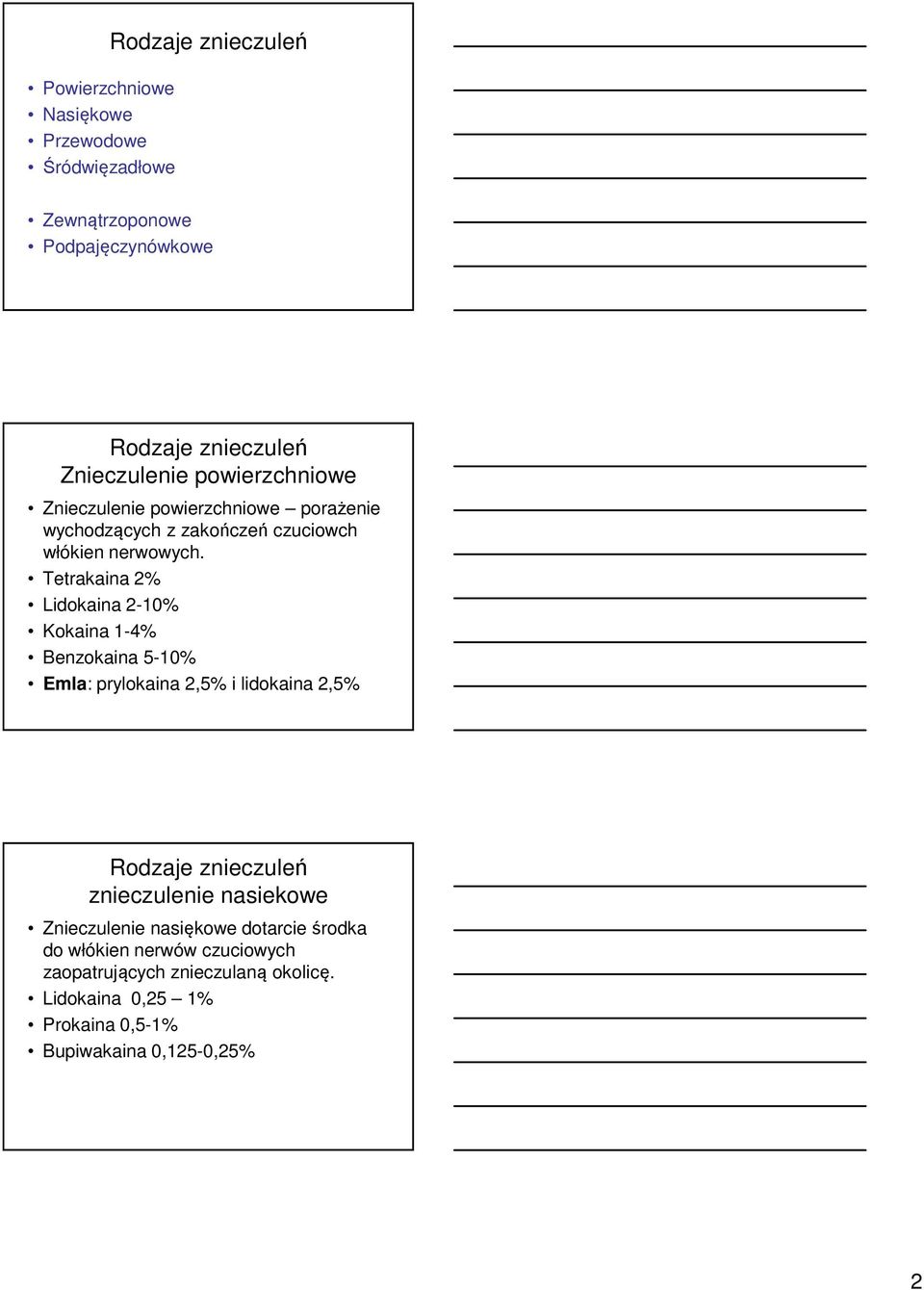 Tetrakaina 2% Lidokaina 2-10% Kokaina 1-4% Benzokaina 5-10% Emla: prylokaina 2,5% i lidokaina 2,5% Rodzaje znieczuleń znieczulenie