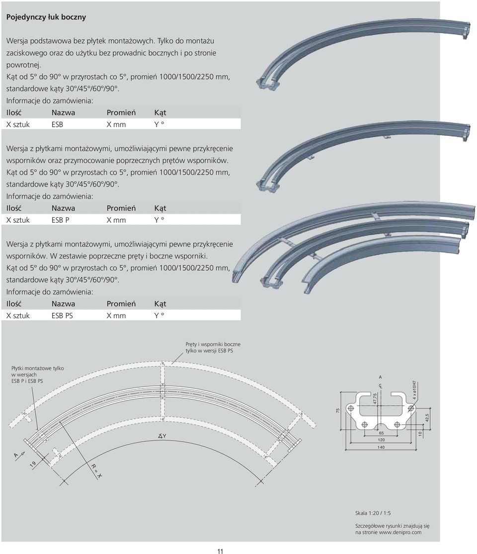 Ilość Nazwa Promień Kąt X sztuk ESB X mm Y Wersja z płytkami montażowymi, umożliwiającymi pewne przykręcenie wsporników oraz przymocowanie poprzecznych prętów wsporników.