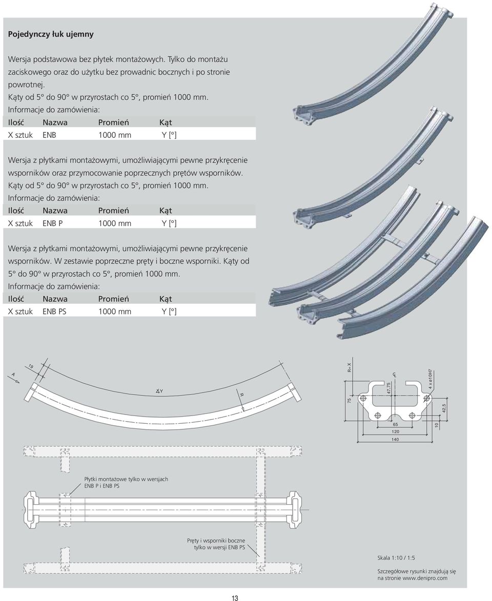 Ilość Nazwa Promień Kąt X sztuk ENB 1000 mm Y [ ] Wersja z płytkami montażowymi, umożliwiającymi pewne przykręcenie wsporników oraz przymocowanie poprzecznych prętów wsporników.
