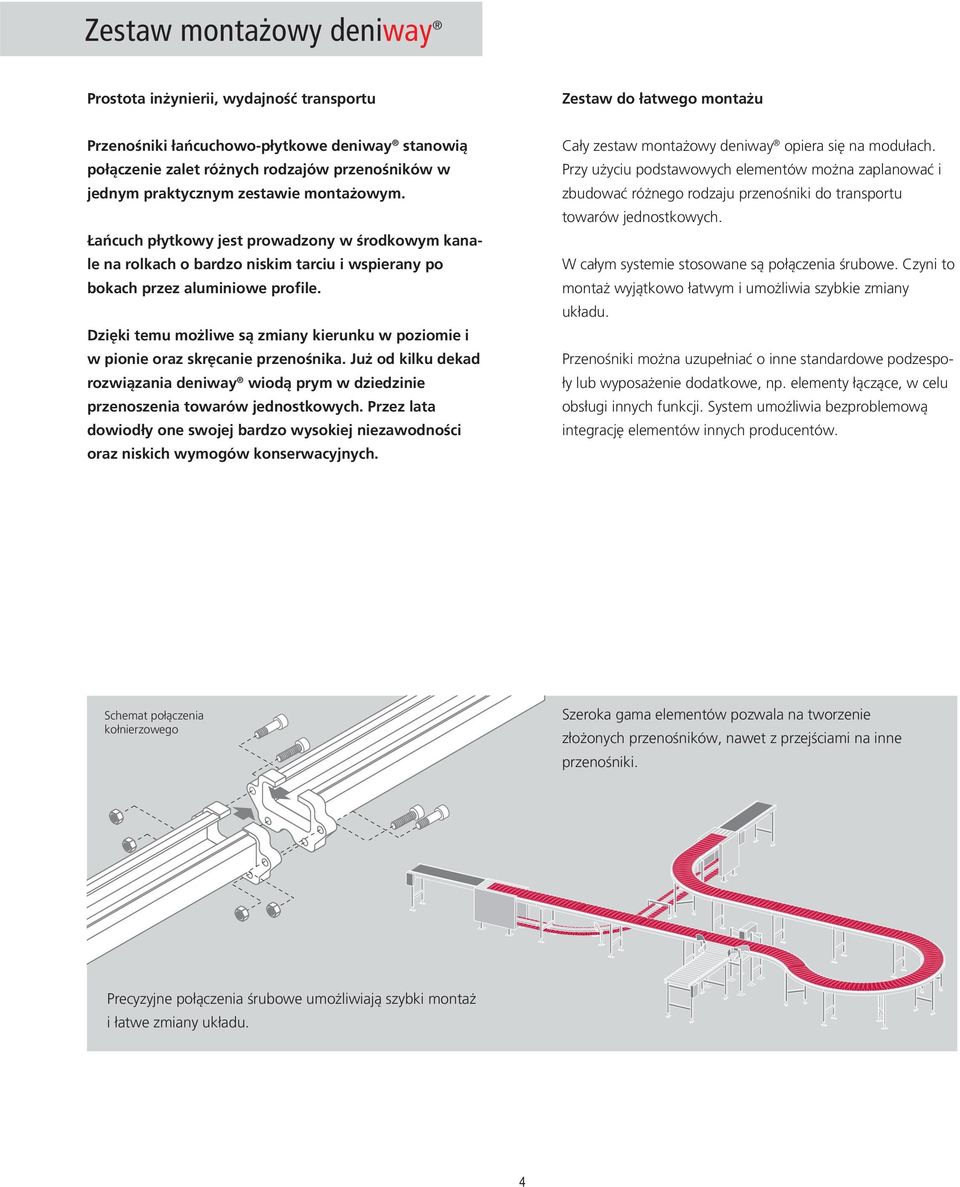 Dzięki temu możliwe są zmiany kierunku w poziomie i w pionie oraz skręcanie przenośnika. Już od kilku dekad rozwiązania deniway wiodą prym w dziedzinie przenoszenia towarów jednostkowych.