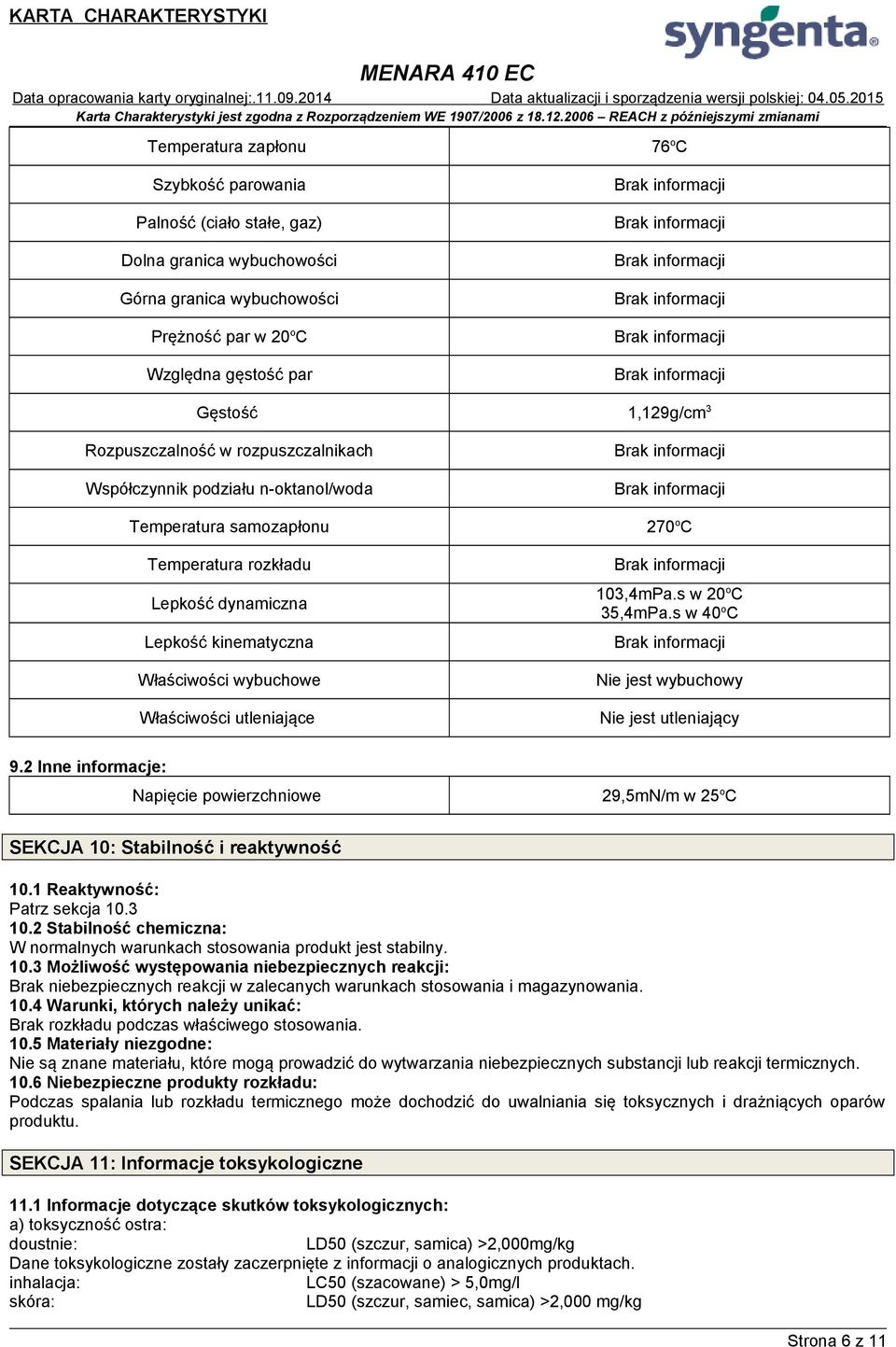 utleniające 270 o C 103,4mPa.s w 20 o C 35,4mPa.s w 40 o C Nie jest wybuchowy Nie jest utleniający 9.