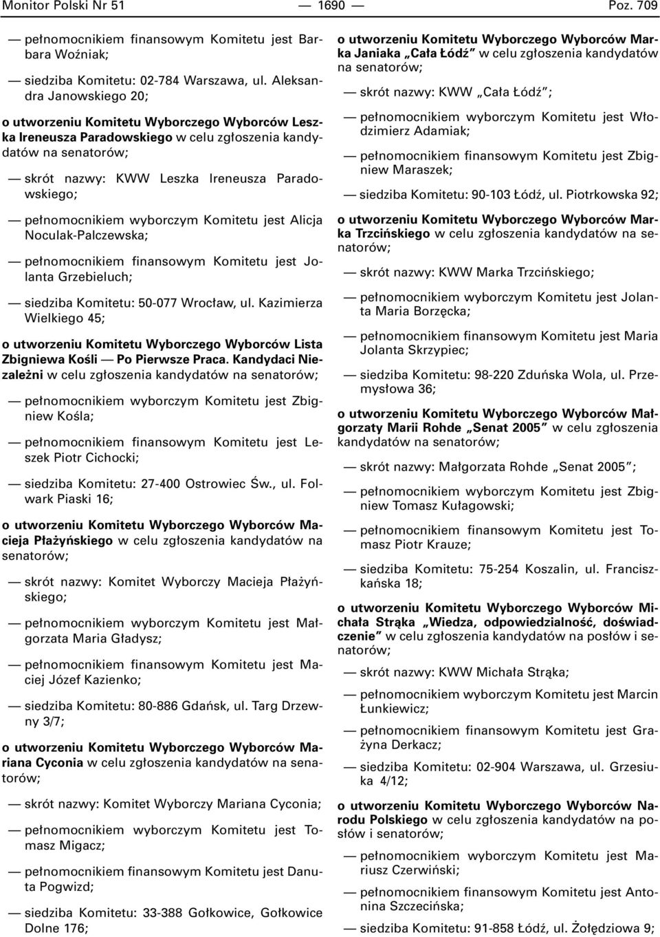 Noculak-Palczewska; pe nomocnikiem finansowym Komitetu jest Jolanta Grzebieluch; siedziba Komitetu: 50-077 Wroc aw, ul. Kazimierza Wielkiego 45; Lista Zbigniewa KoÊli Po Pierwsze Praca.