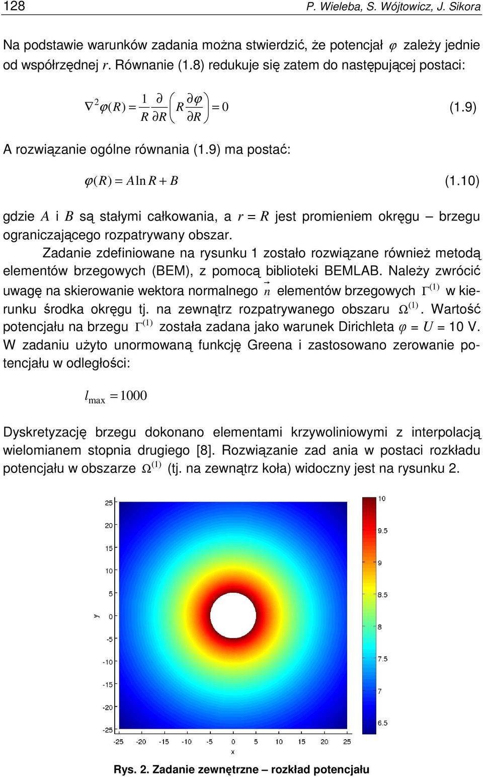 10) gdzie A i B są stałymi całkowania, a r = R jest promieniem okręgu brzegu ograniczającego rozpatrywany obszar.