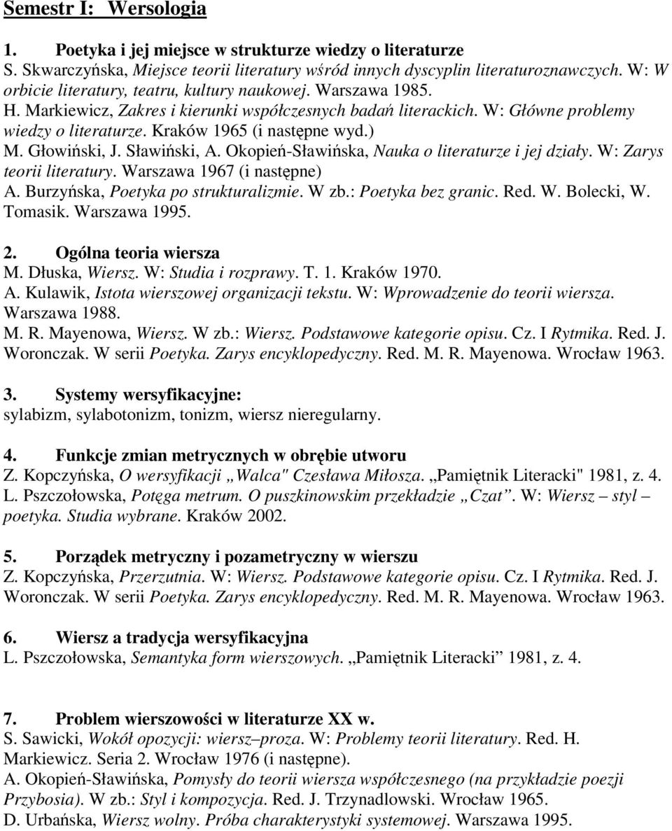 Kraków 1965 (i następne wyd.) M. Głowiński, J. Sławiński, A. Okopień-Sławińska, Nauka o literaturze i jej działy. W: Zarys teorii literatury. Warszawa 1967 (i następne) A.