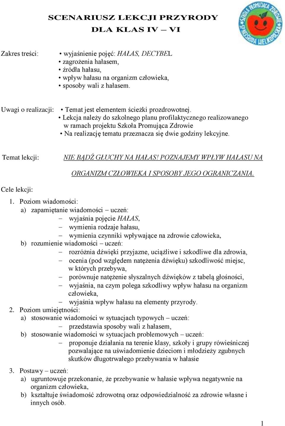 Lekcja należy do szkolnego planu profilaktycznego realizowanego w ramach projektu Szkoła Promująca Zdrowie Na realizację tematu przeznacza się dwie godziny lekcyjne.