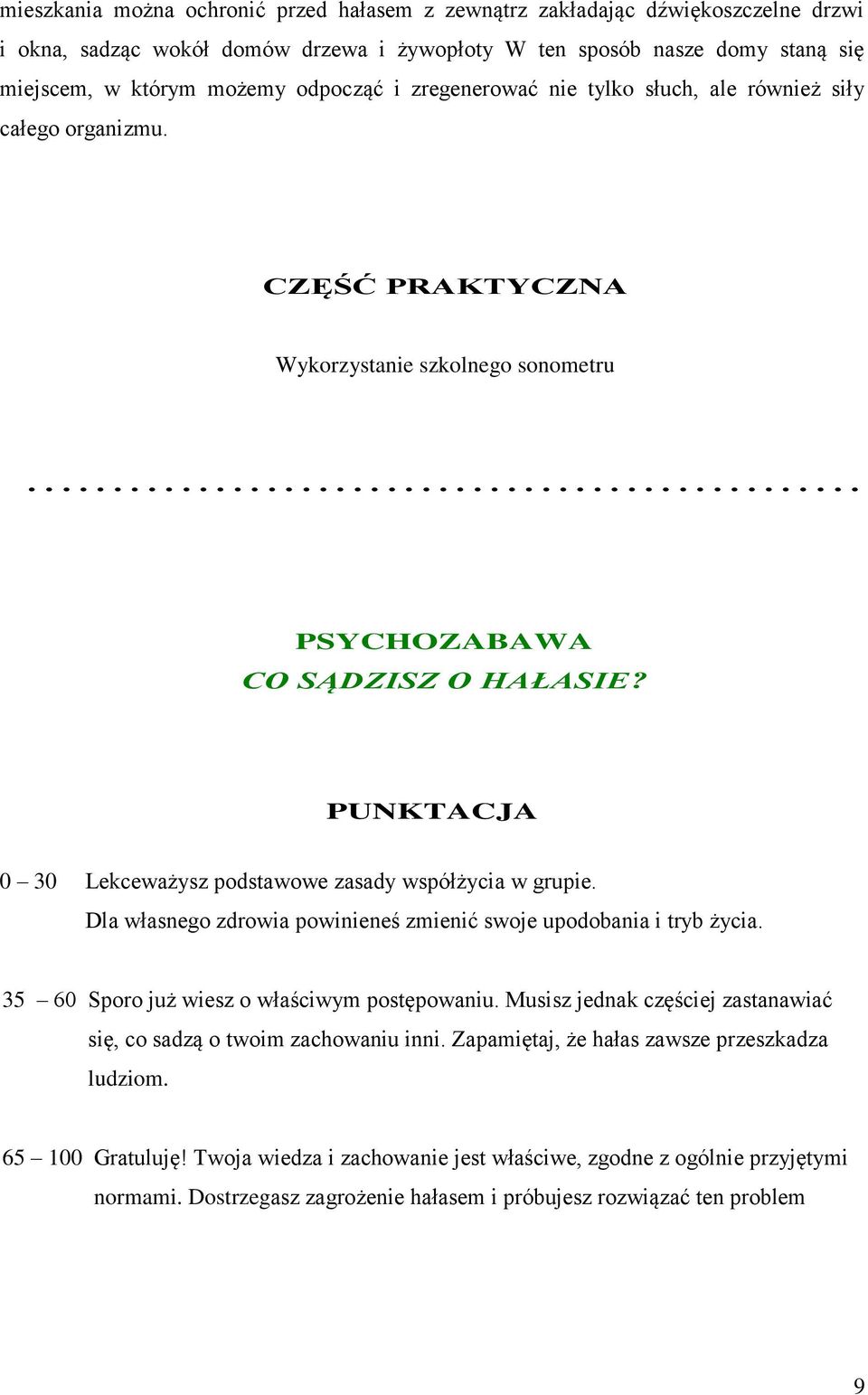 PUNKTACJA 0 30 Lekceważysz podstawowe zasady współżycia w grupie. Dla własnego zdrowia powinieneś zmienić swoje upodobania i tryb życia. 35 60 Sporo już wiesz o właściwym postępowaniu.