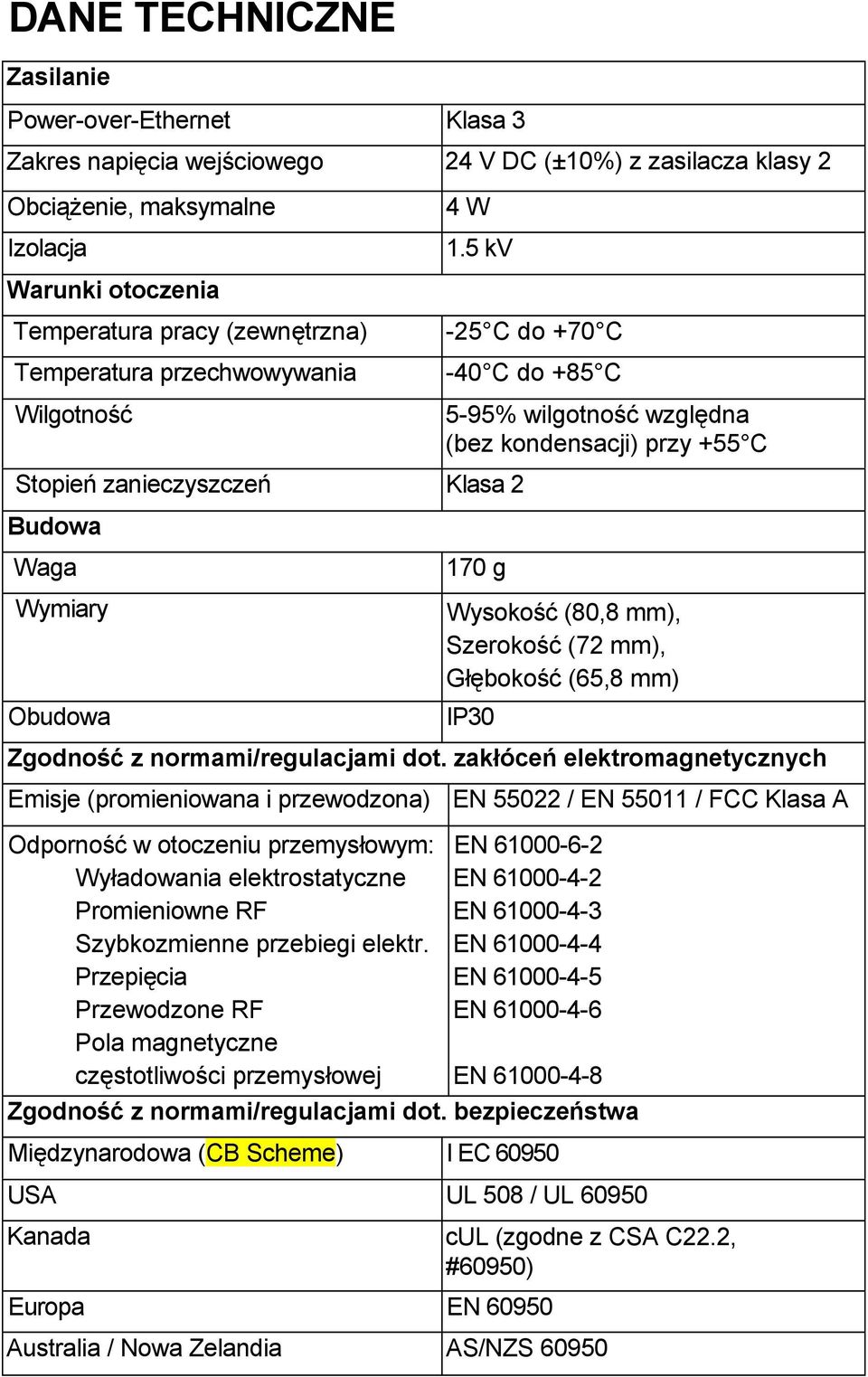 zanieczyszczeń Klasa 2 Budowa Waga Wymiary Obudowa 170 g Wysokość (80,8 mm), Szerokość (72 mm), Głębokość (65,8 mm) IP30 Zgodność z normami/regulacjami dot.