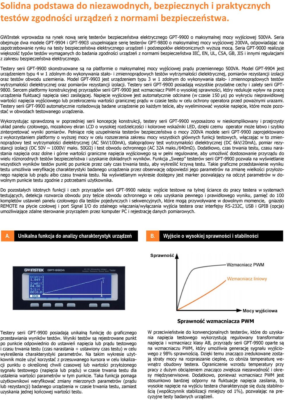 Seria obejmuje dwa modele GPT-9904 i GPT-9903 uzupełniające serię testerów GPT-9800 o maksymalnej mocy wyjściowej 200VA, odpowiadając na zapotrzebowanie rynku na testy bezpieczeństwa elektrycznego