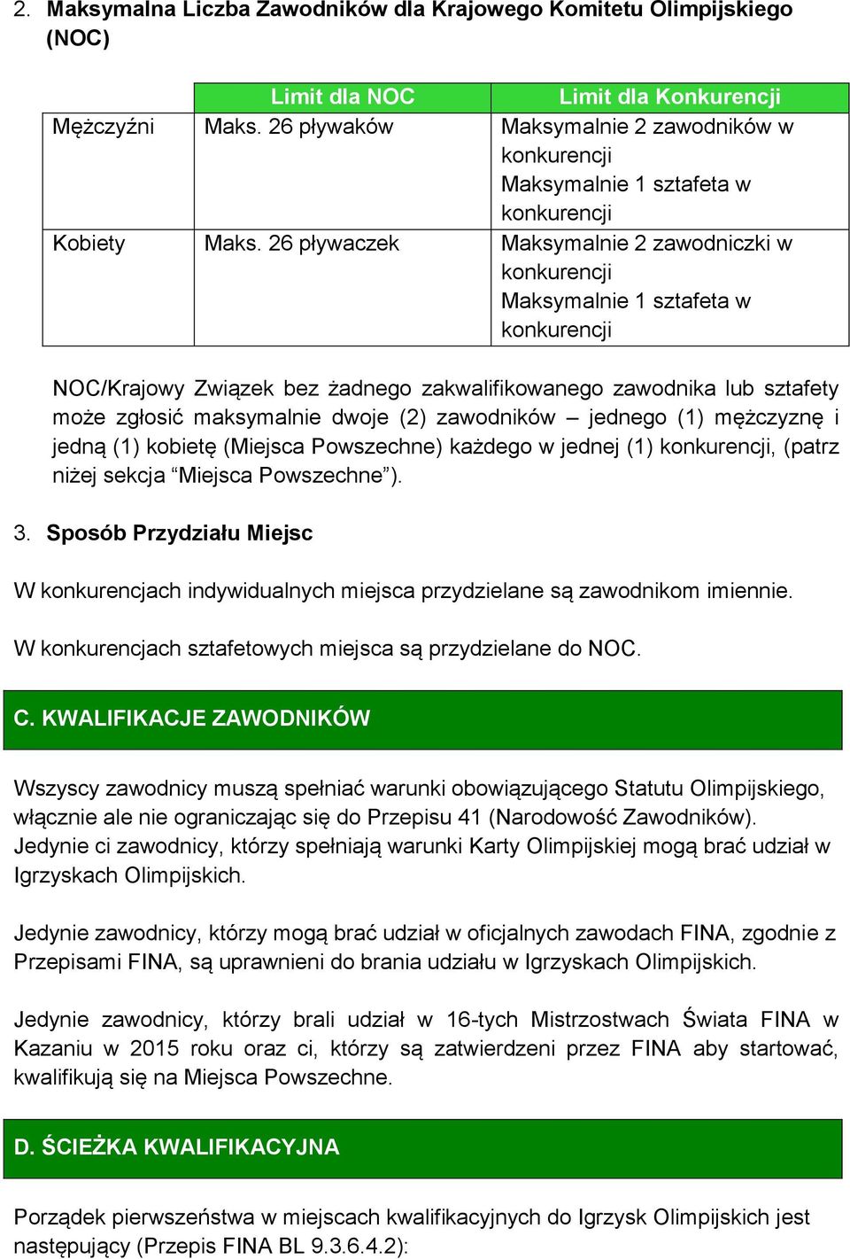 26 pływaczek Maksymalnie 2 zawodniczki w konkurencji Maksymalnie 1 sztafeta w konkurencji NOC/Krajowy Związek bez żadnego zakwalifikowanego zawodnika lub sztafety może zgłosić maksymalnie dwoje (2)