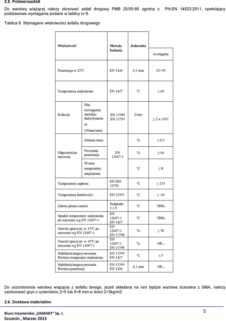 duktylometre m EN 13589 EN 13703 J/cm2 2 w 10ºC (50mm/min) Zmiana masy % 0,5 Odpornośćna starzenie Pozostała penetracja EN 12607-1 % 60 Wzrost temperatury ºC 8 mięknienia Temperatura zapłonu EN ISO