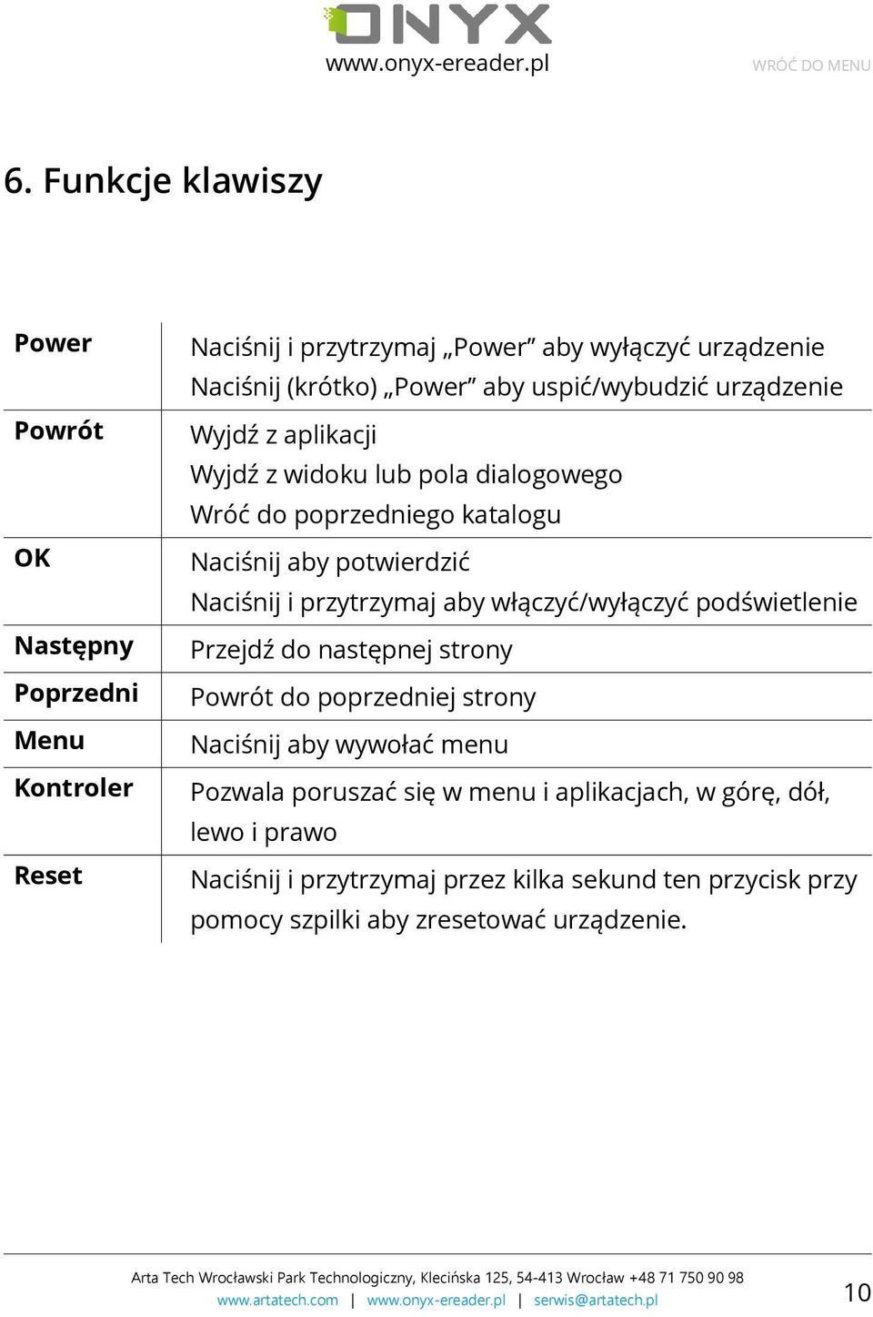 Naciśnij i przytrzymaj aby włączyć/wyłączyć podświetlenie Przejdź do następnej strony Powrót do poprzedniej strony Naciśnij aby wywołać menu Pozwala