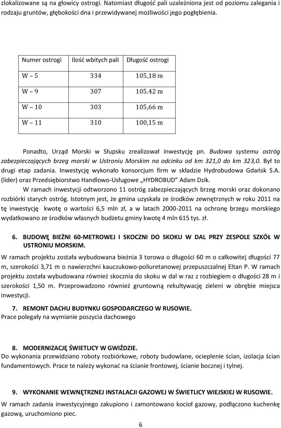 Budowa systemu ostróg zabezpieczających brzeg morski w Ustroniu Morskim na odcinku od km 321,0 do km 323,0. Był to drugi etap zadania.