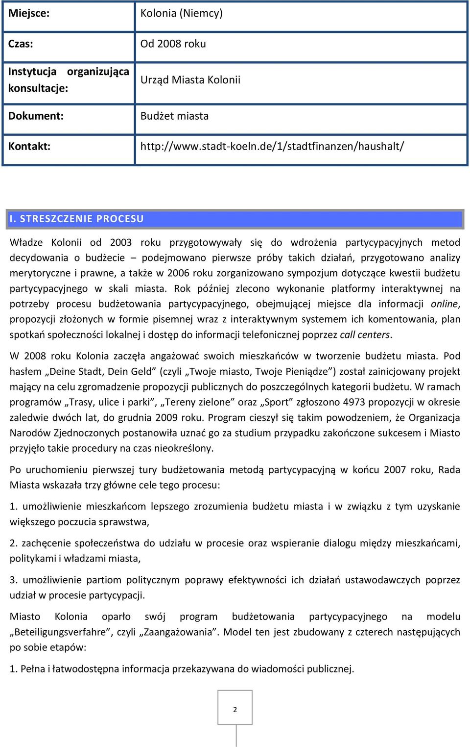 merytoryczne i prawne, a także w 2006 roku zorganizowano sympozjum dotyczące kwestii budżetu partycypacyjnego w skali miasta.