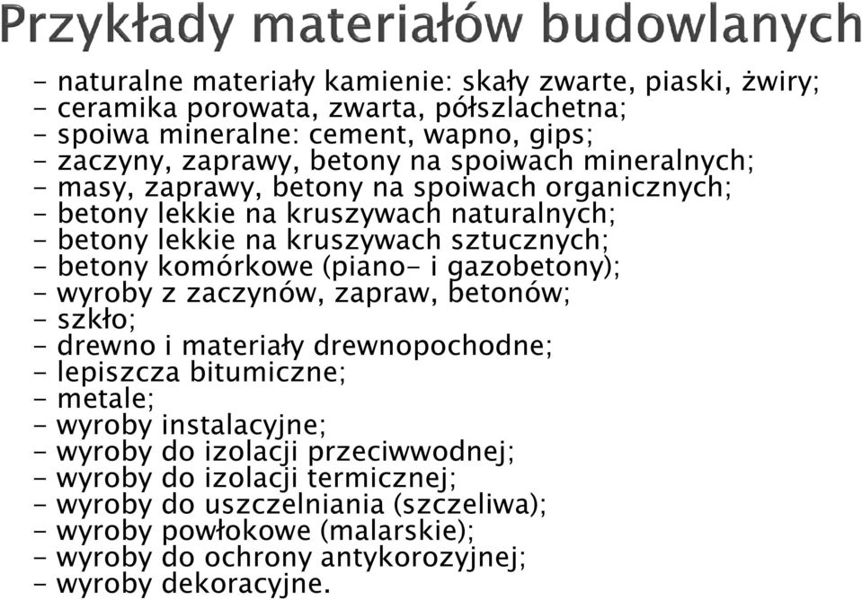 (piano- i gazobetony); - wyroby z zaczynów, zapraw, betonów; - szkło; - drewno i materiały drewnopochodne; - lepiszcza bitumiczne; - metale; - wyroby instalacyjne; - wyroby do