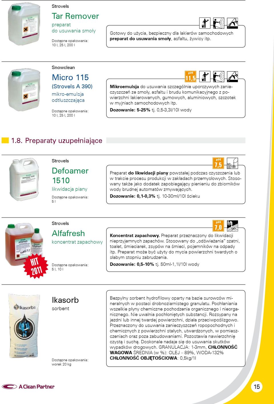 powierzchni lakierowanych, gumowych, aluminiowych, szczotek w myjniach samochodowych itp. Dozowanie: 5-25% tj. 0,5-3,3l/10l wody 1.8.