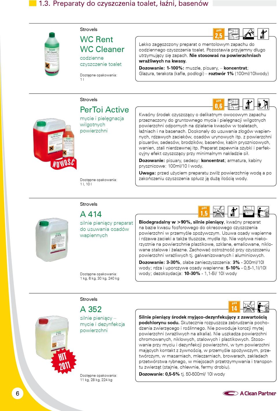 Dozowanie: 1-100%: muszle, pisuary, koncentrat; Glazura, terakota (kafle, podłogi) roztwór 1% (100ml/10lwody) PerToi Active mycie i pielęgnacja wilgotnych powierzchni 1 l, 10 l 0,6 Kwaśny środek