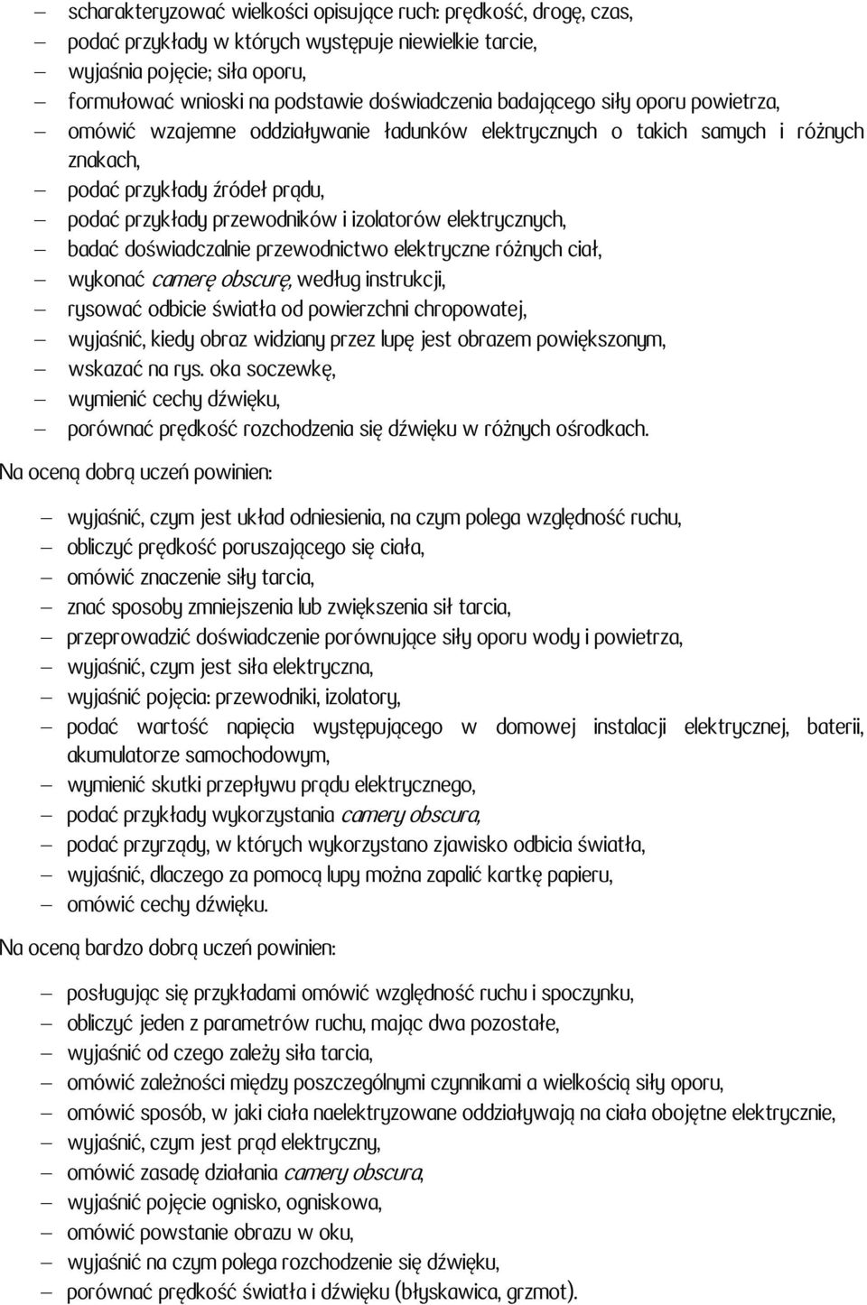 elektrycznych, badać doświadczalnie przewodnictwo elektryczne różnych ciał, wykonać camerę obscurę, według instrukcji, rysować odbicie światła od powierzchni chropowatej, wyjaśnić, kiedy obraz