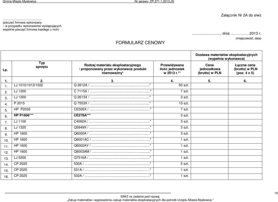 ** Dostawa materiałów eksploatacyjnych (wypełnia wykonawca) Cena jednostkowa (brutto) w PLN Łączna cena (brutto) w PLN (poz. 4 x 5) 1. 2. 3. 4. 5. 6. 1. LJ 1010/1012/1022 Q 2612A /.....* 50 szt. 2. LJ 1200 C 7115X /.