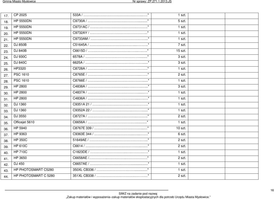 ...* 1 szt. 29. HP 2800 C4838A /.......* 3 szt. 30. HP 2800 C4837A /....* 1 szt. 31. HP 2800 C4836A /......* 1 szt. 32. DJ 1360 C9351A 21 /..* 1 szt. 33. DJ 1360 C9352A 22 /......* 1 szt. 34.