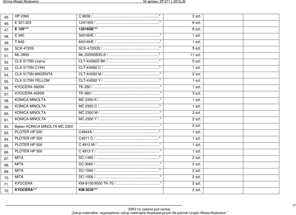 CLX-3175N YELLOW CLT-K4092 Y /.....* 1 szt. 56. KYOCERA 3920N TK-350 /. * 1 szt. 57. KYOCERA 4020N TK-360 /. * 3 szt. 58. KONICA MINOLTA MC 2300 K /..* 1 szt. 59. KONICA MINOLTA MC 2300 C /.....* 1 szt. 60.