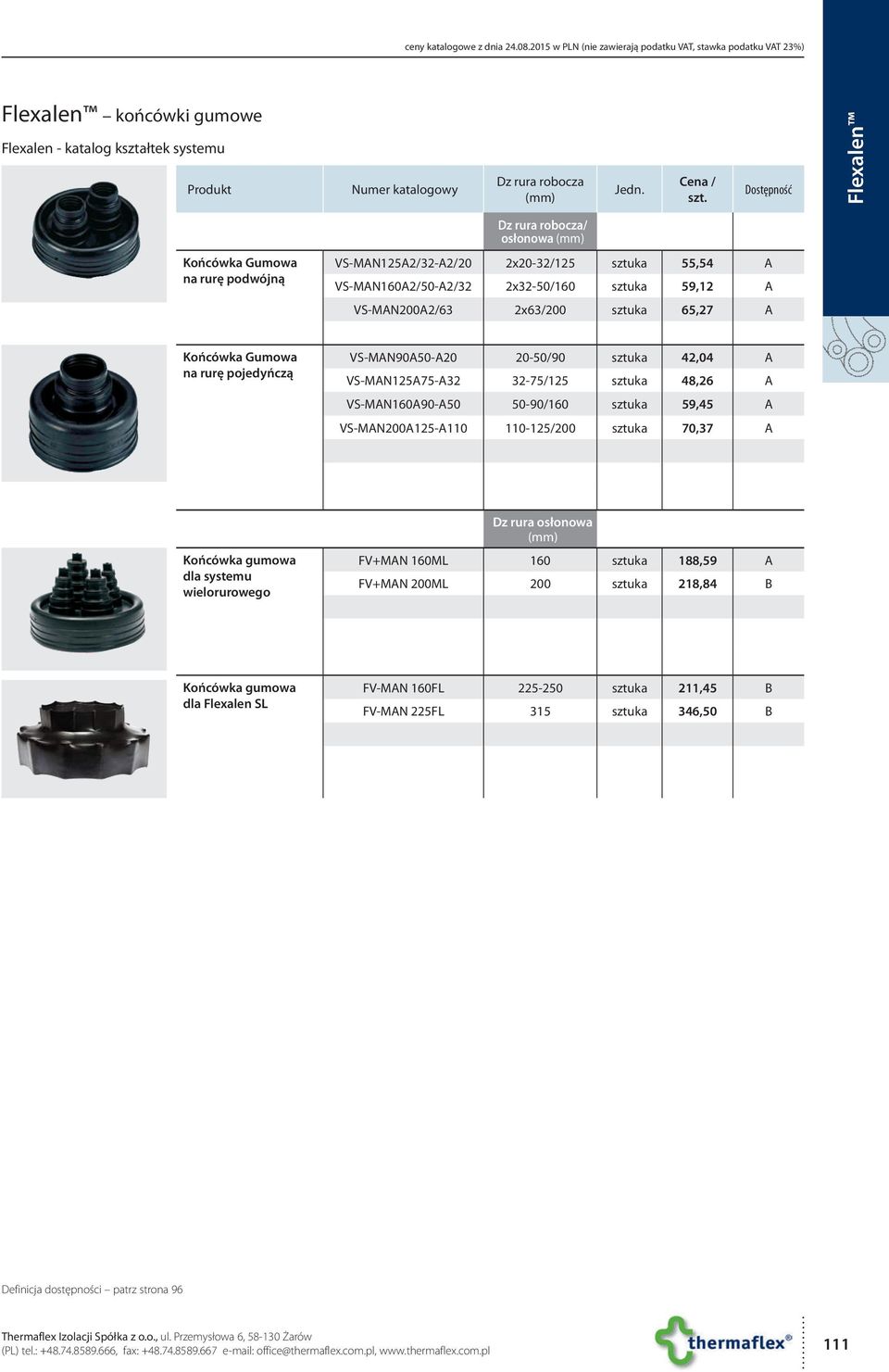 Dostępność Końcówka Gumowa na rurę podwójną Dz rura robocza/ osłonowa (mm) VS-MAN125A2/32-A2/20 2x20-32/125 sztuka 55,54 A VS-MAN160A2/50-A2/32 2x32-50/160 sztuka 59,12 A VS-MAN200A2/63 2x63/200