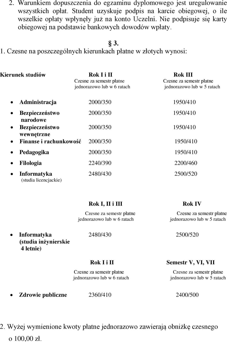 Czesne na poszczególnych kierunkach płatne w złotych wynosi: Kierunek studiów Rok I i II Rok III Administracja 2000/350 1950/410 Bezpieczeństwo 2000/350 1950/410 narodowe Bezpieczeństwo 2000/350