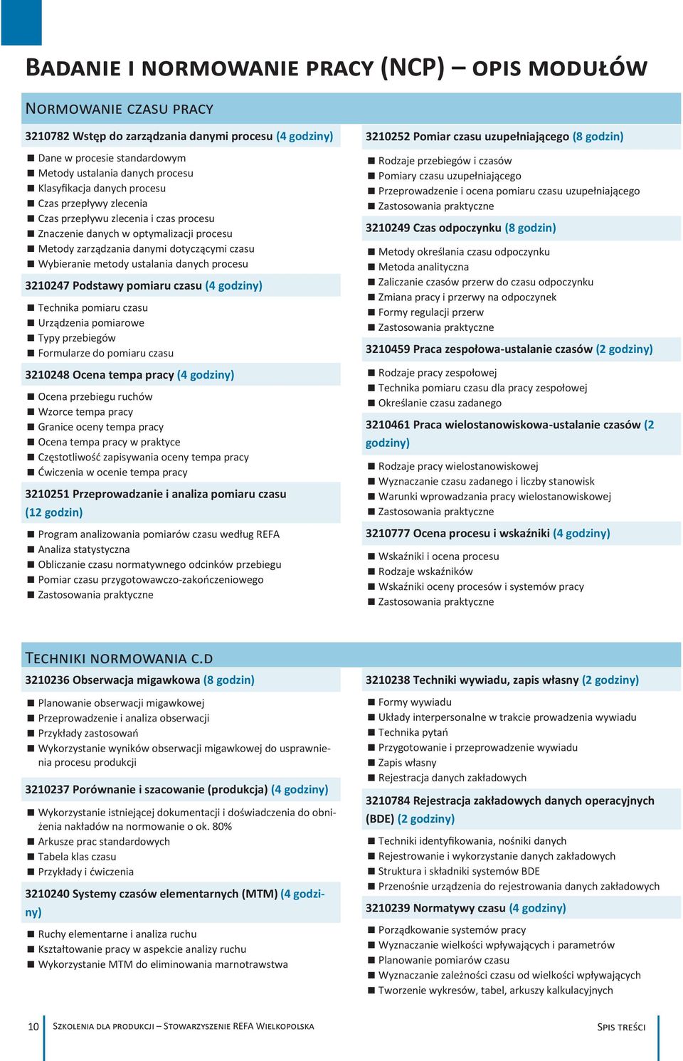 procesu 3210247 Podstawy pomiaru czasu (4 godziny) Technika pomiaru czasu Urządzenia pomiarowe Typy przebiegów Formularze do pomiaru czasu 3210248 Ocena tempa pracy (4 godziny) Ocena przebiegu ruchów