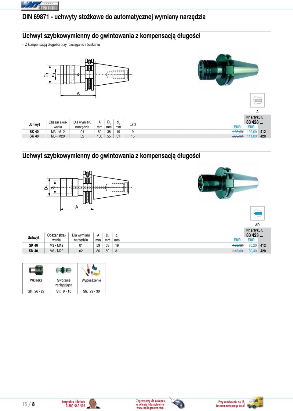 .. LZ SK 40 M3 - M12 01 60 38 19 9 185,00 102,00 83428412 SK 40 M6 - M20 02 100 55 31 15 200,00 111,00 83428420 szybkowymienny do gwintowania z kompensacją długości Obszar skrawania narzędzia mm