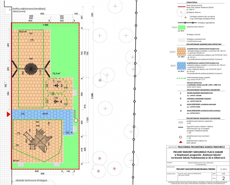 70 m 2 istniejący trawnik istniejąca nawierzchnia z kstki betnwej PROJEKTOWANE NAWIERZCHNIE BEZPIECZNE 590 146,5 m 2 k.