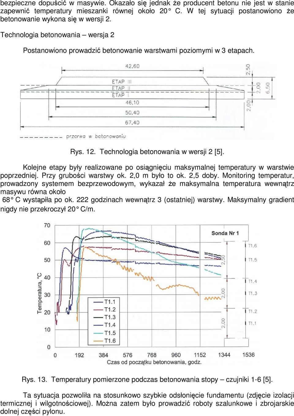 Technologia betonowania w wersji 2 [5]. Kolejne etapy były realizowane po osiągnięciu maksymalnej temperatury w warstwie poprzedniej. Przy grubości warstwy ok. 2,0 m było to ok. 2,5 doby.