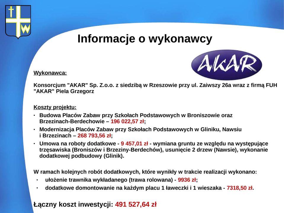 przy Szkołach Podstawowych w Gliniku, Nawsiu i Brzezinach 268 793,56 zł; Umowa na roboty dodatkowe - 9 457,01 zł - wymiana gruntu ze względu na występujące trzęsawiska (Broniszów i