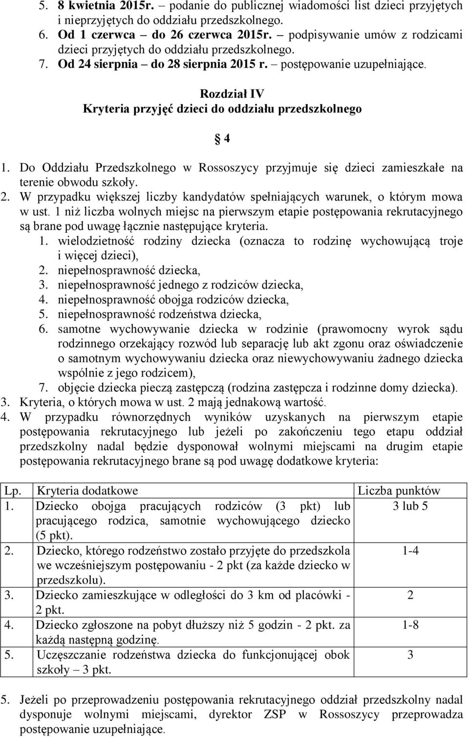 Rozdział IV Kryteria przyjęć dzieci do oddziału przedszkolnego 4 1. Do Oddziału Przedszkolnego w Rossoszycy przyjmuje się dzieci zamieszkałe na terenie obwodu szkoły. 2.