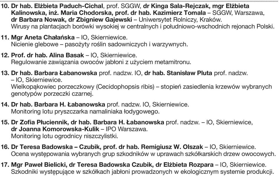 Mgr Aneta Chałańska IO, Skierniewice. Nicienie glebowe pasożyty roślin sadowniczych i warzywnych. 12. Prof. dr hab. Alina Basak IO, Skierniewice.