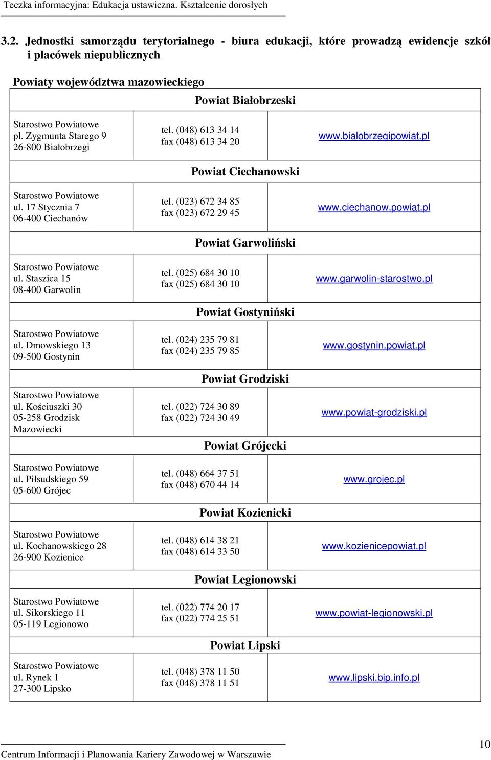 Piłsudskiego 59 05-600 Grójec ul. Kochanowskiego 28 26-900 Kozienice ul. Sikorskiego 11 05-119 Legionowo ul. Rynek 1 27-300 Lipsko tel. (048) 613 34 14 fax (048) 613 34 20 Powiat Ciechanowski tel.