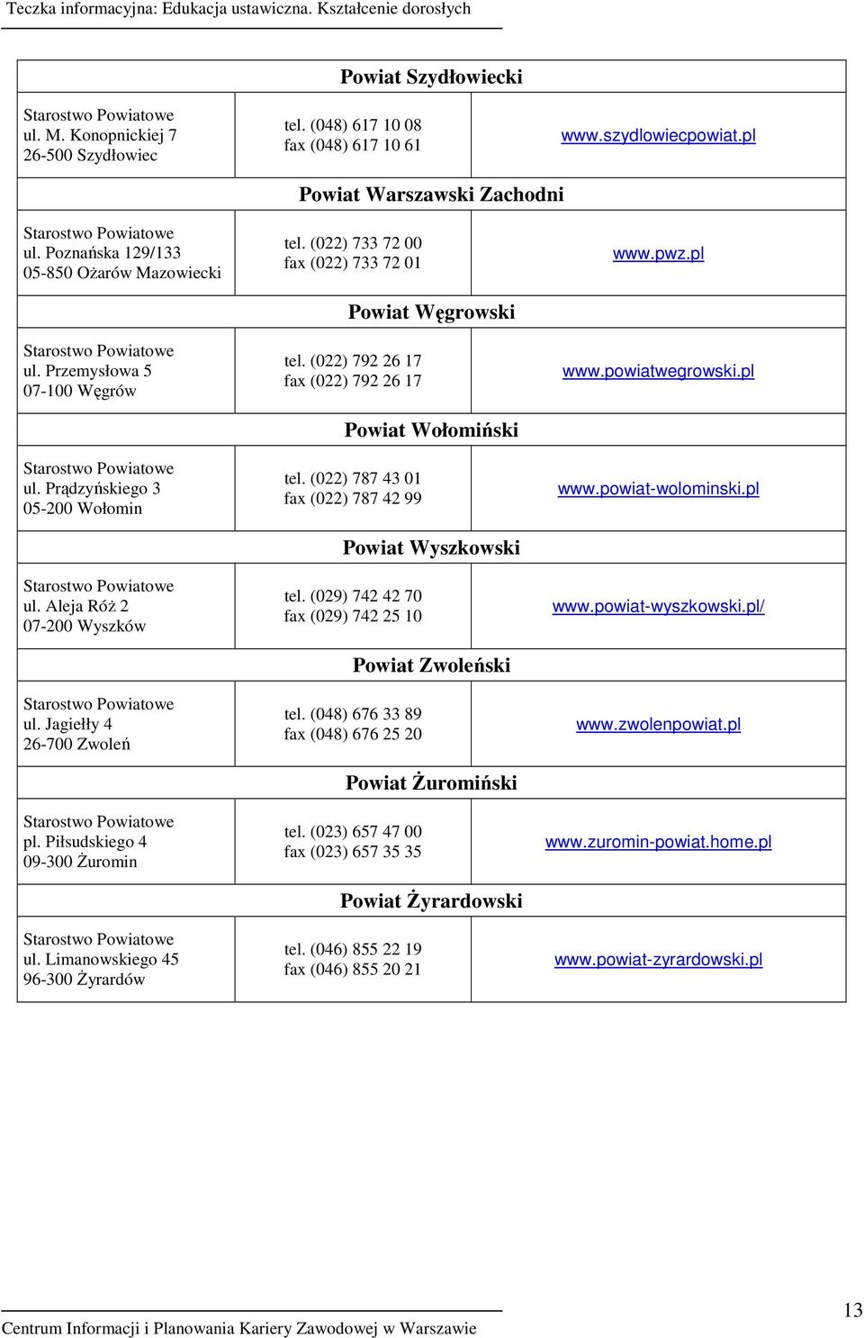 Prądzyńskiego 3 05-200 Wołomin ul. Aleja RóŜ 2 07-200 Wyszków ul. Jagiełły 4 26-700 Zwoleń pl. Piłsudskiego 4 09-300 śuromin ul. Limanowskiego 45 96-300 śyrardów tel.