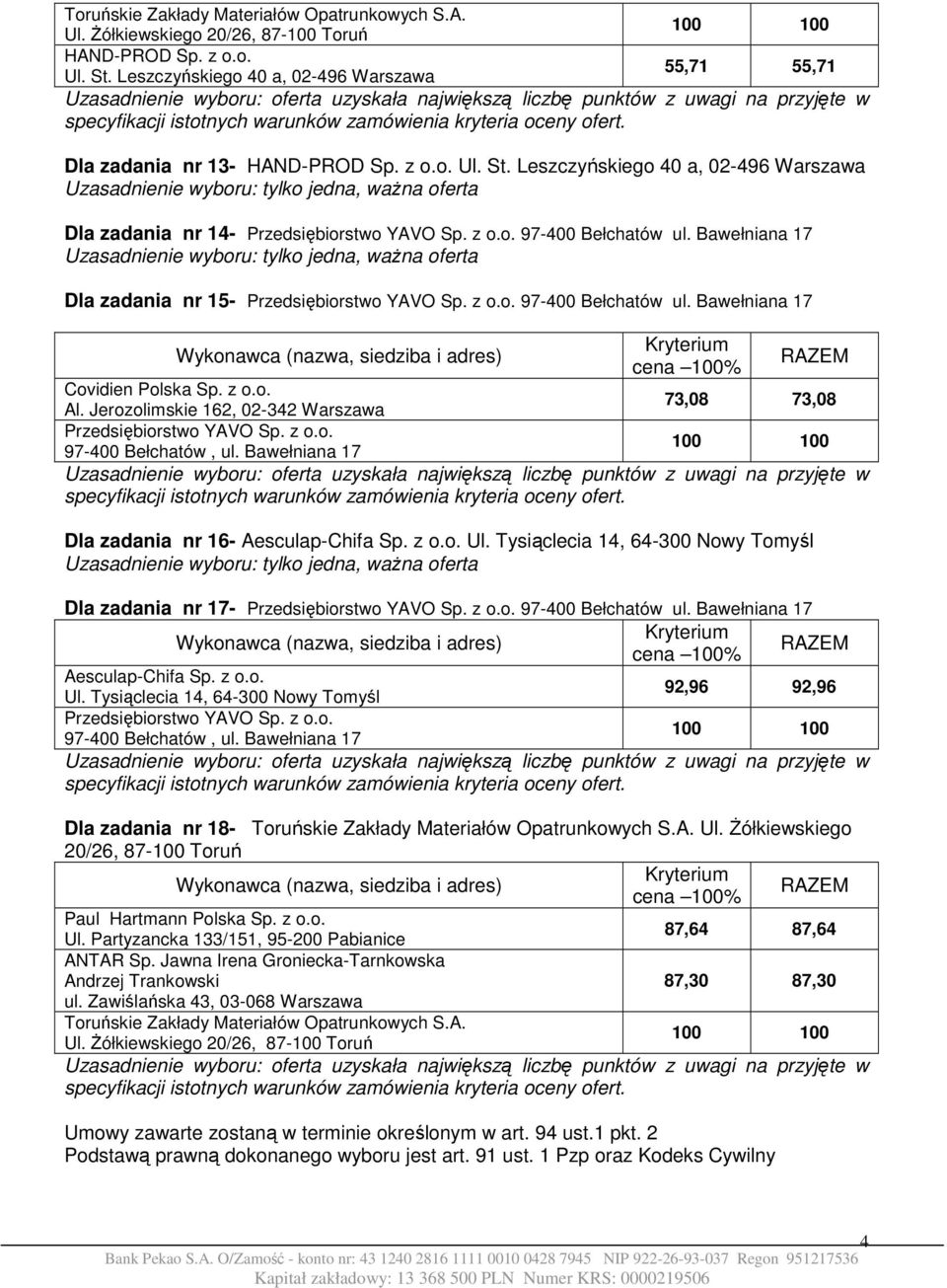 Tysiąclecia 14, 64-300 Nowy Tomyśl Dla zadania nr 17- Przedsiębiorstwo YAVO Sp. z o.o. 97-400 Bełchatów ul. Bawełniana 17 Aesculap-Chifa Sp. z o.o. Ul.