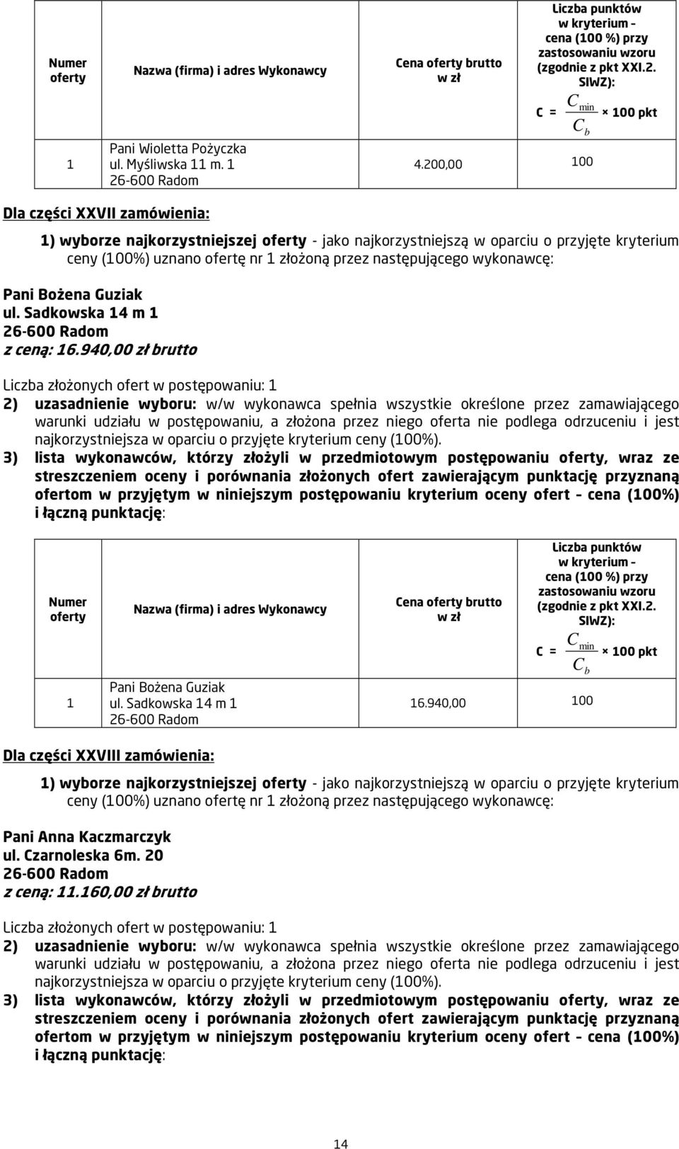 wykonawcę: Pani Bożena Guziak ul. Sadkowska 4 m z ceną: 6.940,00 zł brutto Liczba złożonych ofert w postępowaniu: najkorzystniejsza w oparciu o przyjęte kryterium ceny (00%).