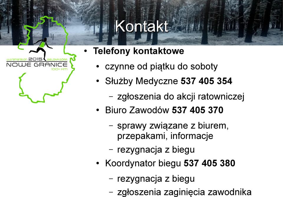 sprawy związane z biurem, przepakami, informacje rezygnacja z biegu