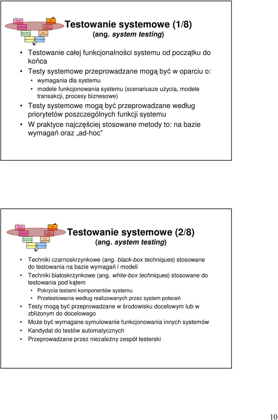 biznesowe) mogą być przeprowadzane według priorytetów poszczególnych funkcji systemu W praktyce najczęściej stosowane metody to: na bazie oraz ad-hoc Implementacja modułowe Testowanie (2/8) (ang.