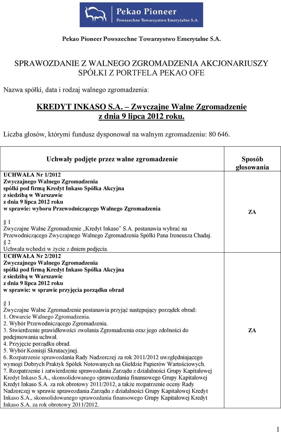 Uchwały podjęte przez walne zgromadzenie UCHWAŁA Nr 1/2012 w sprawie: wyboru Przewodniczącego Walnego Zgromadzenia Zwyczajne Walne Zgromadzenie Kredyt Inkaso S.A. postanawia wybrać na Przewodniczącego Spółki Pana Ireneusza Chadaj.