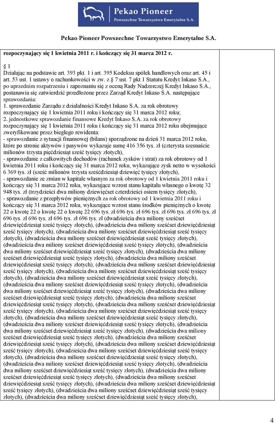 sprawozdanie Zarządu z działalności Kredyt Inkaso S.A. za rok obrotowy rozpoczynający się 1 kwietnia 2011 roku i kończący się 31 marca 2012 roku; 2. jednostkowe sprawozdanie finansowe Kredyt Inkaso S.