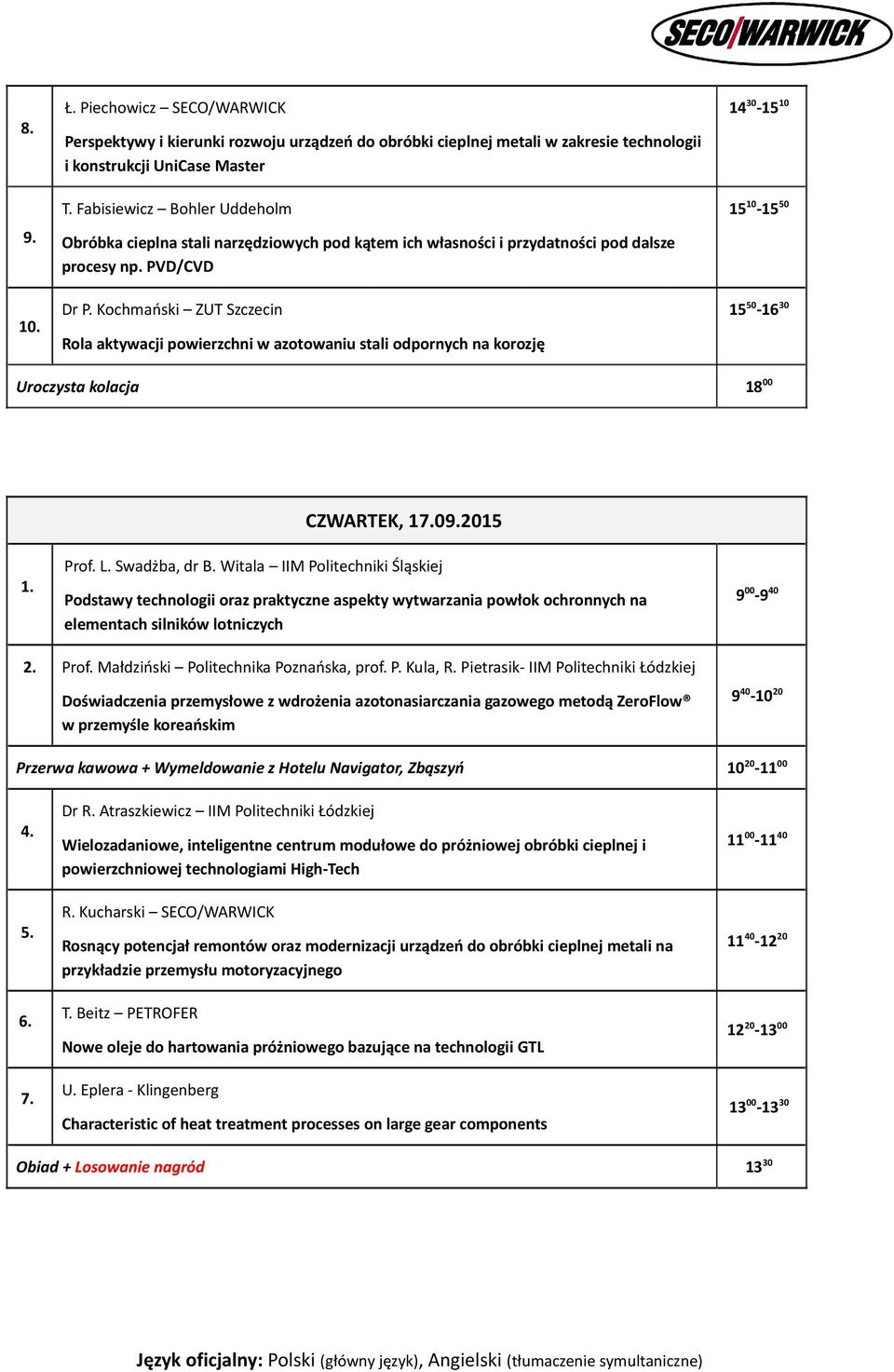 Kochmański ZUT Szczecin Rola aktywacji powierzchni w azotowaniu stali odpornych na korozję 14 30-15 10 15 10-15 50 15 50-16 30 Uroczysta kolacja 18 00 CZWARTEK, 17.09.2015 1. Prof. L. Swadżba, dr B.