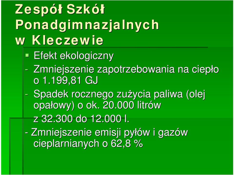 199,81 GJ - Spadek rocznego zużycia paliwa (olej opałowy) owy) o ok.