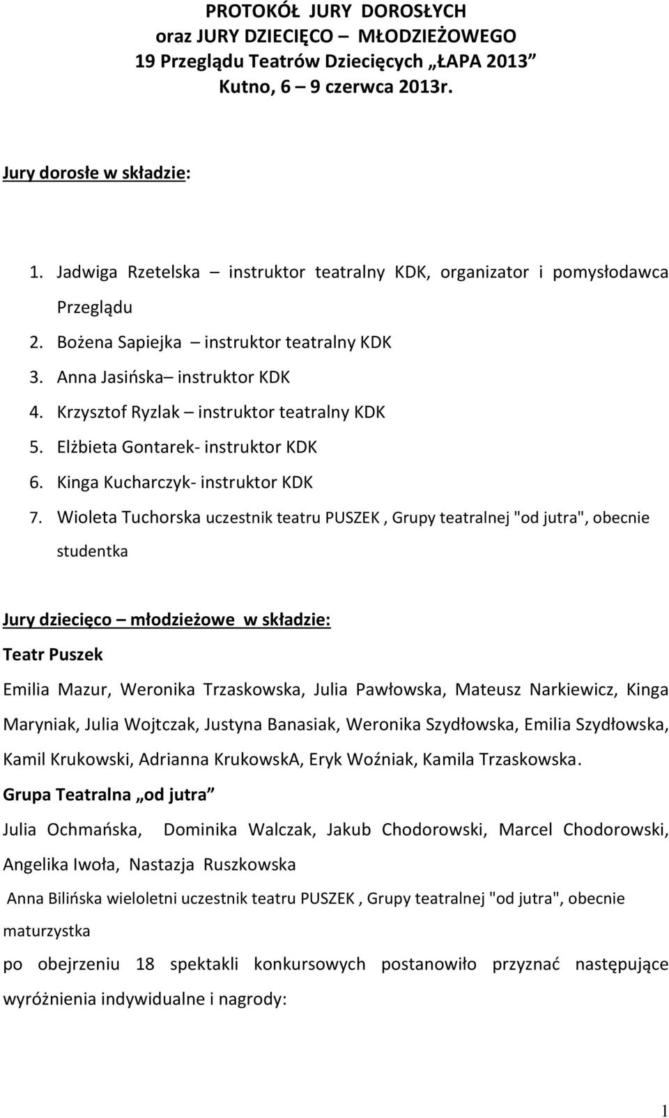 Krzysztof Ryzlak instruktor teatralny KDK 5. Elżbieta Gontarek- instruktor KDK 6. Kinga Kucharczyk- instruktor KDK 7.