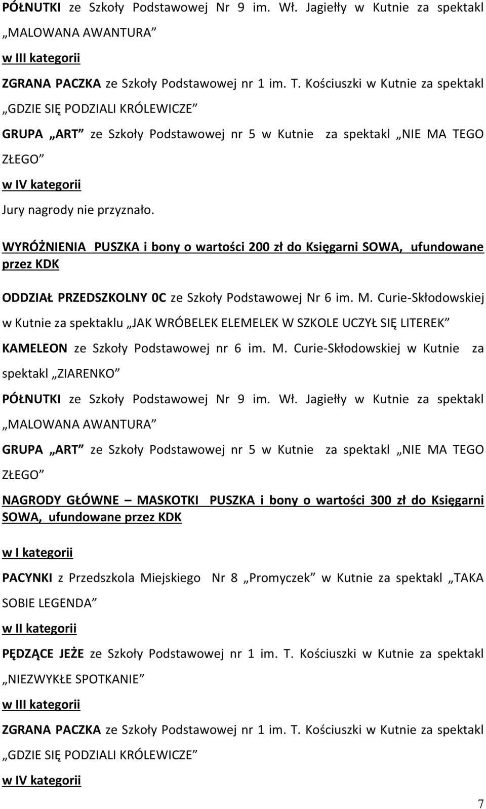 WYRÓŻNIENIA PUSZKA i bony o wartości 200 zł do Księgarni SOWA, ufundowane przez KDK ODDZIAŁ PRZEDSZKOLNY 0C ze Szkoły Podstawowej Nr 6 im. M.